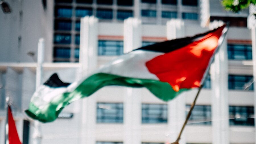 a group of people holding flags in front of a building